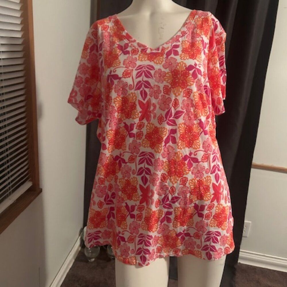 Sigrid Olsen Pink/Orange/White Floral V-neck Hi/Lo top, size 3X